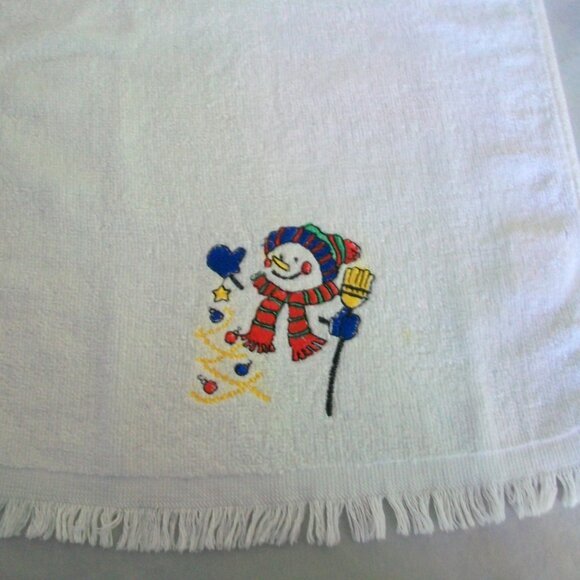 Hand Crochet Blue Holiday Snowman Hand Towel 12" x 20" - Picture 3 of 5